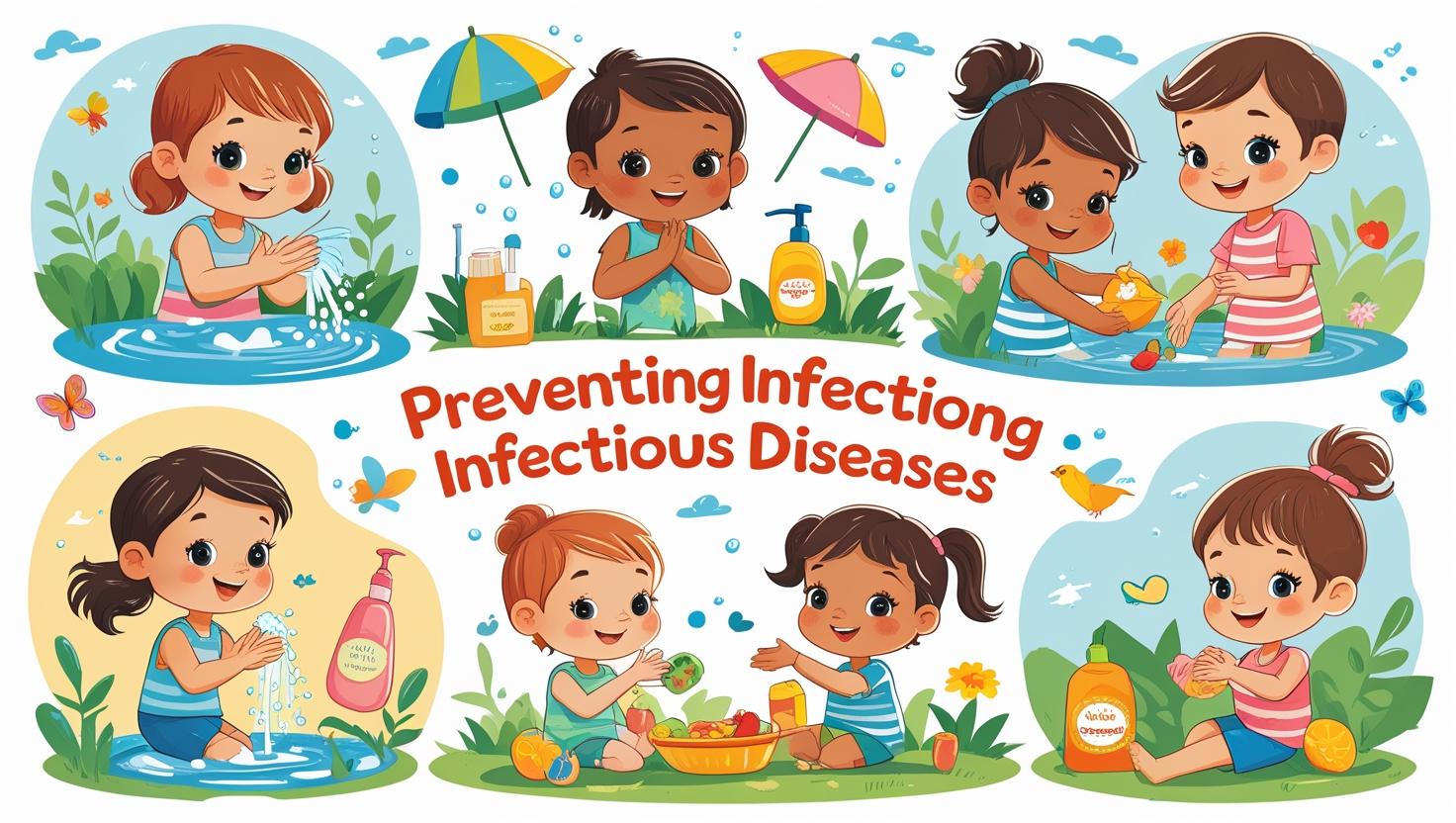 A cheerful colorful illustration depicting children under the age of four engaged in various summer activities that promote preventing infectious diseases. Show them washing hands diligently playing outd