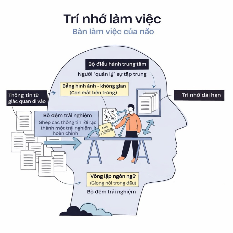 Hình minh họa mô tả trí nhớ làm việc như “bàn làm việc của não”, nơi thông tin từ giác quan được tạm giữ, xử lý và điều phối bởi sự chú ý trước khi được lưu vào trí nhớ dài hạn.