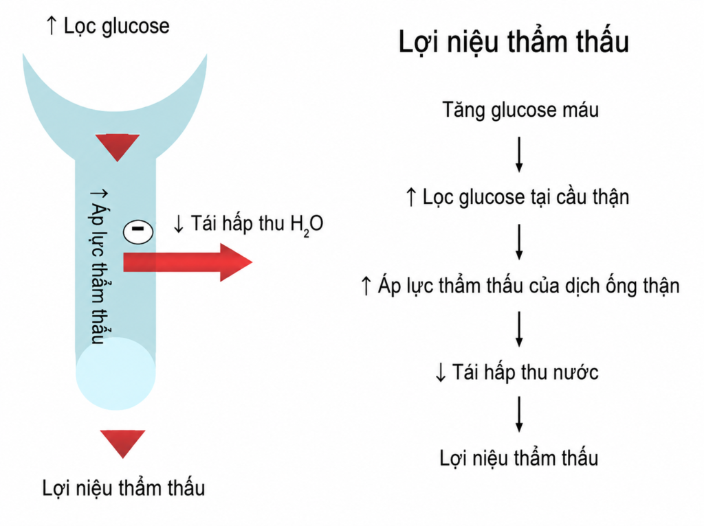 Hình minh họa cơ chế lợi niệu thẩm thấu trong tăng đường huyết. Khi glucose máu tăng cao, lượng glucose được lọc qua cầu thận tăng lên làm tăng áp lực thẩm thấu trong dịch ống thận. Điều này làm giảm tái hấp thu nước tại thận, kéo theo nước bị đào thải nhiều qua nước tiểu gây lợi niệu thẩm thấu. Hậu quả là bệnh nhân dễ mất nước và rối loạn điện giải trong nhiễm toan ceton do đái tháo đường (DKA). 