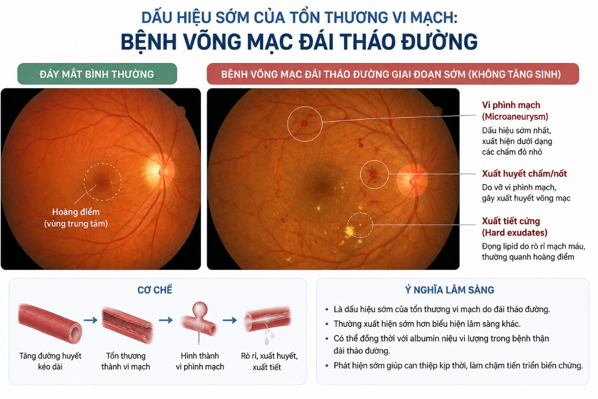Bệnh thận đái tháo đường: Cơ chế tổn thương, yếu tố nguy cơ và tiến triển bệnh Hình ảnh mô tả dấu hiệu tổn thương vi mạch trong bệnh võng mạc đái tháo đường, gợi ý có thể tổn thương vi mạch thận.